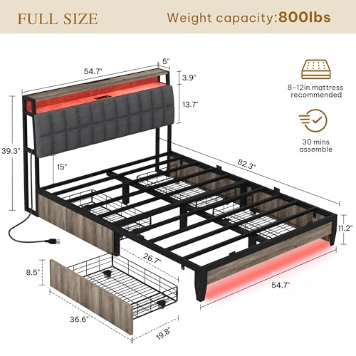 YITAHOME Queen Size Bed Frame with RGB LED Lights and 4 Drawers, Upholstered Platform Bed with Charging Station and Storage Headboard