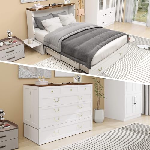 Murphy Bed Queen, Murphy Bed Cabinet with Charging Station, Large Storage Drawer and Shelves for Home Office or Guest Room, Warm White