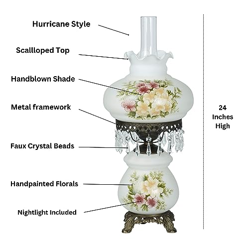 Touch of Class Abigail Hurricane Style Parlor Table Lamp - Antique Victorian Aesthetic - Painted by Hand - Floral Designs