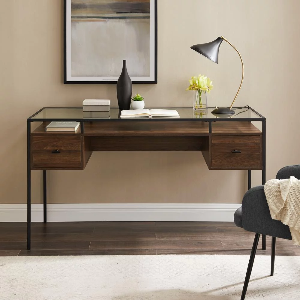Fulton 56" 2-Drawer Lifted Tempered Glass Top Desk in Dark Walnut
