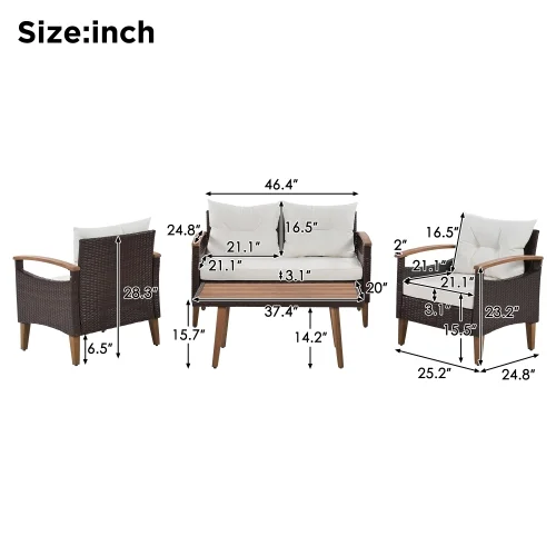 Churanty Patio Conversation Set, 4-Piece Outdoor Garden Furniture Set, Patio Seating Set, PE Rattan Outdoor Sofa Set, Wood Table and Legs