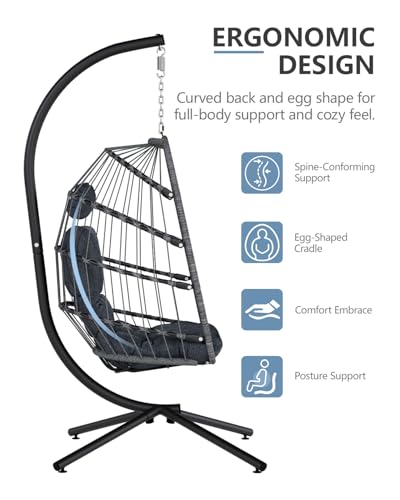 SWITTE Egg Chair Outdoor with Stand, Indoor Wicker Hanging Egg Swing Chair with Cushion, 350lbs Capacity for Patio, Bedroom, Garden - Gray