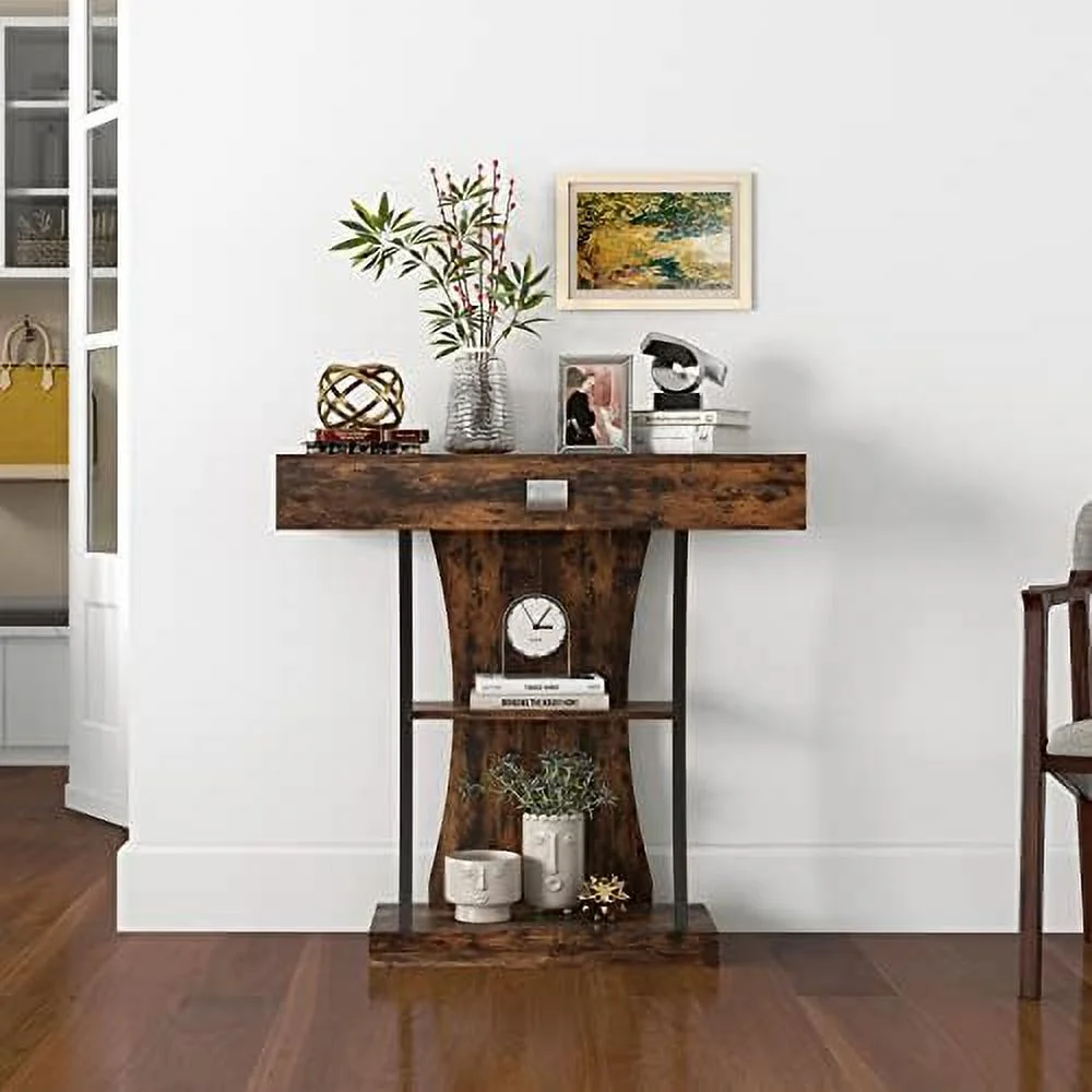 WTYNKAE 3-Tier Console Table  Narrow Sofa Table with  Drawer  Open Shelves &amp