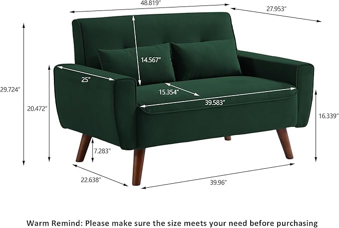 48.8" Small Loveseat Sofa, Mid Century Modern Love Seat Couch with Back Cushions and Wood Legs, 2 Seater Couches for Living Room, Bedroom