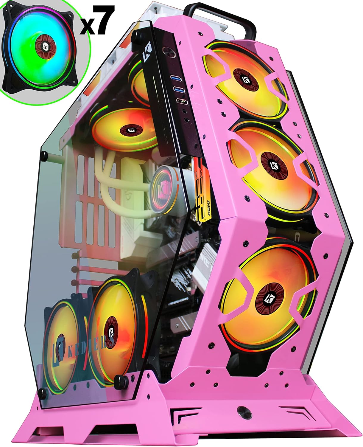 KEDIERS PC Case - ATX Tower Tempered Glass Gaming Computer Open Frame Case with 7 RGB Fans,C570