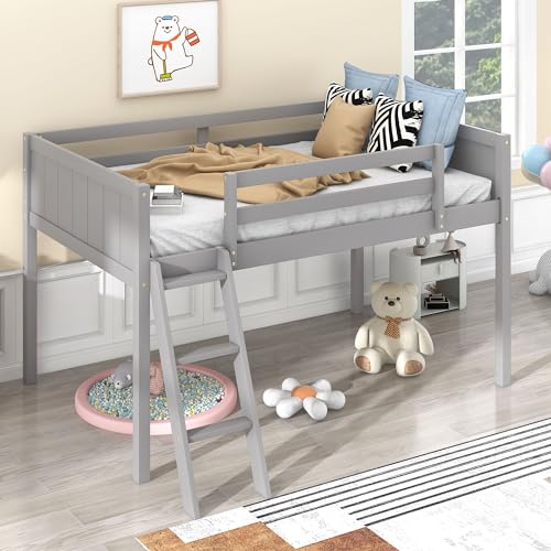 Full Size Loft Bed with L-Shaped Desk, Wardrobe and Storage Shelves, Solid Wood Bedframe w/Safety Guardrails & Ladder for Kids Teens Adults