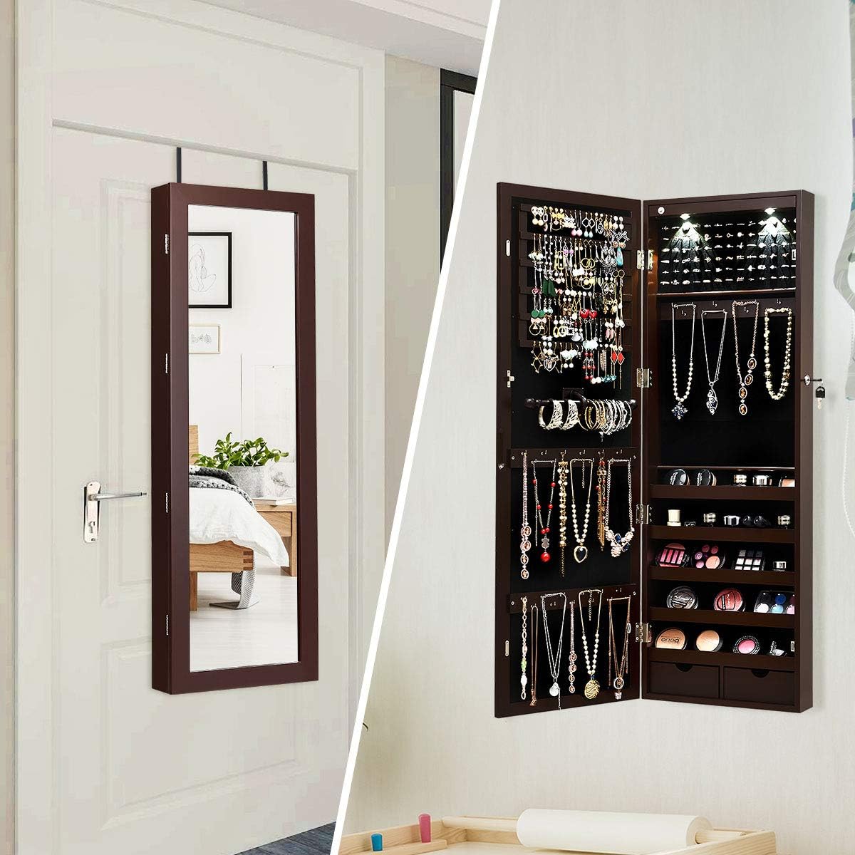 Giantex Jewelry Armoire Wall Door Mounted, Lockable Jewelry Cabinet with 42.5'' Full Length Mirror, 2 LEDs Jewelry Organizer Box with 2 Drawers