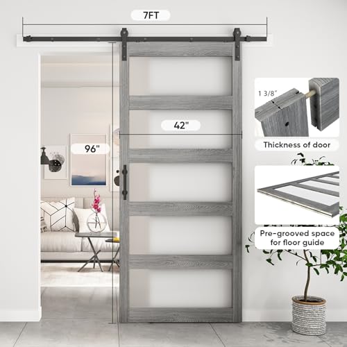 BARNSMITH 42in x 84in Glass Barn Door with 7FT Sliding Door Hardware Kit Included & Handle