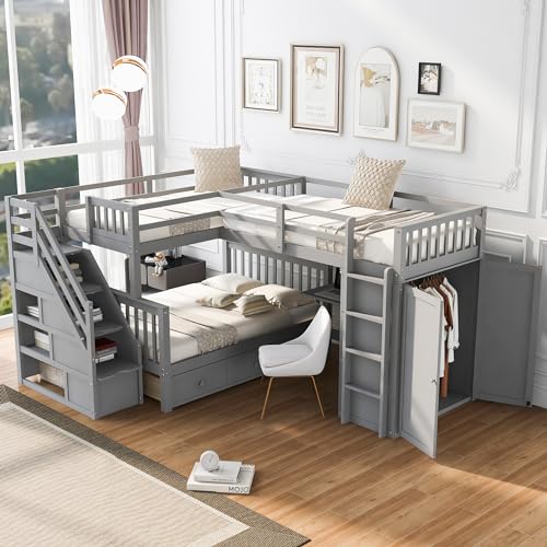 L-Shape Triple Bunk Beds with Stairs and Desk, Wood Twin-Over-Full Bunk Bed with Storage Wardrobe, Shelves and Drawers