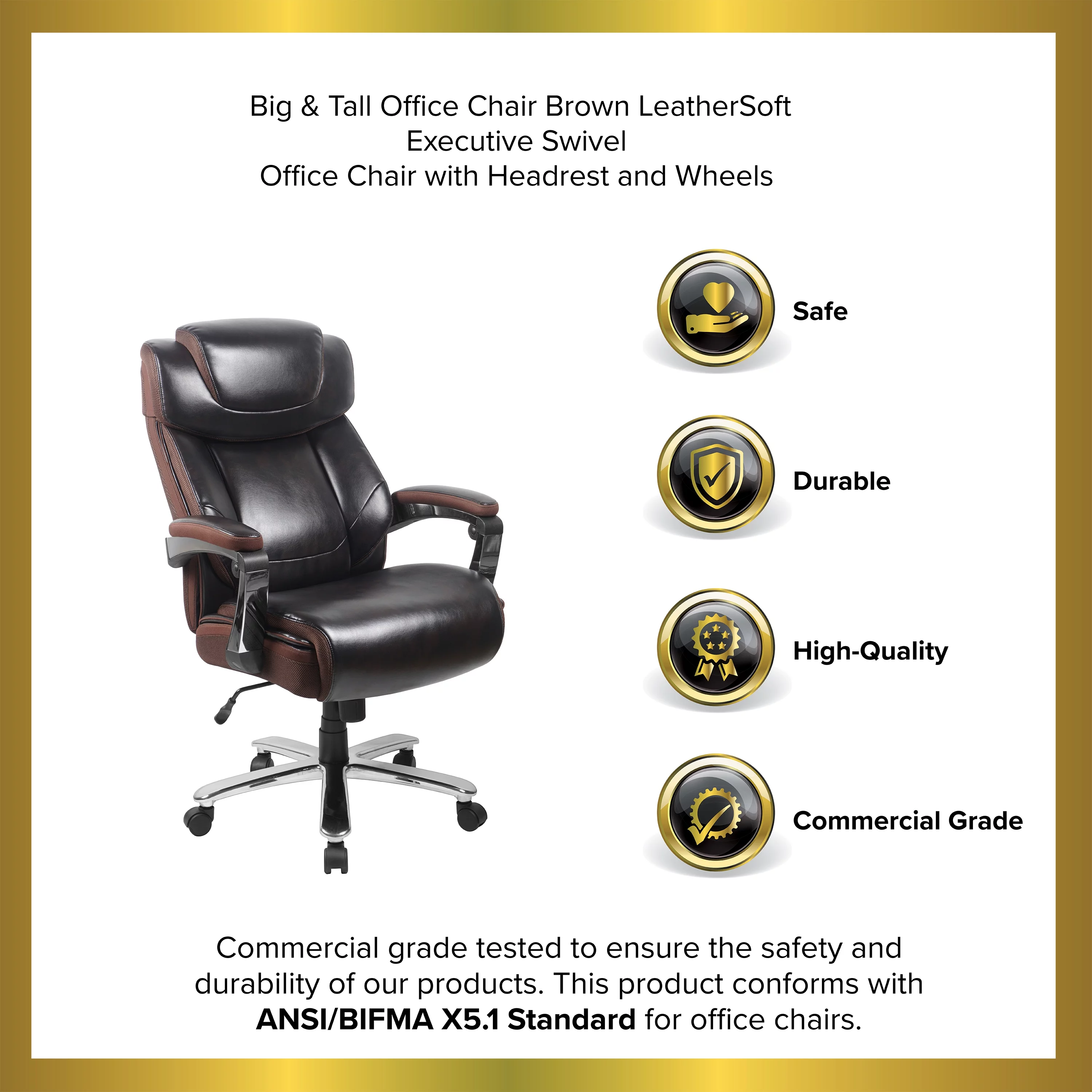 BizChair Big & Tall 500 lb. Rated Brown LeatherSoft Executive Swivel Ergonomic Office Chair with Adjustable Headrest