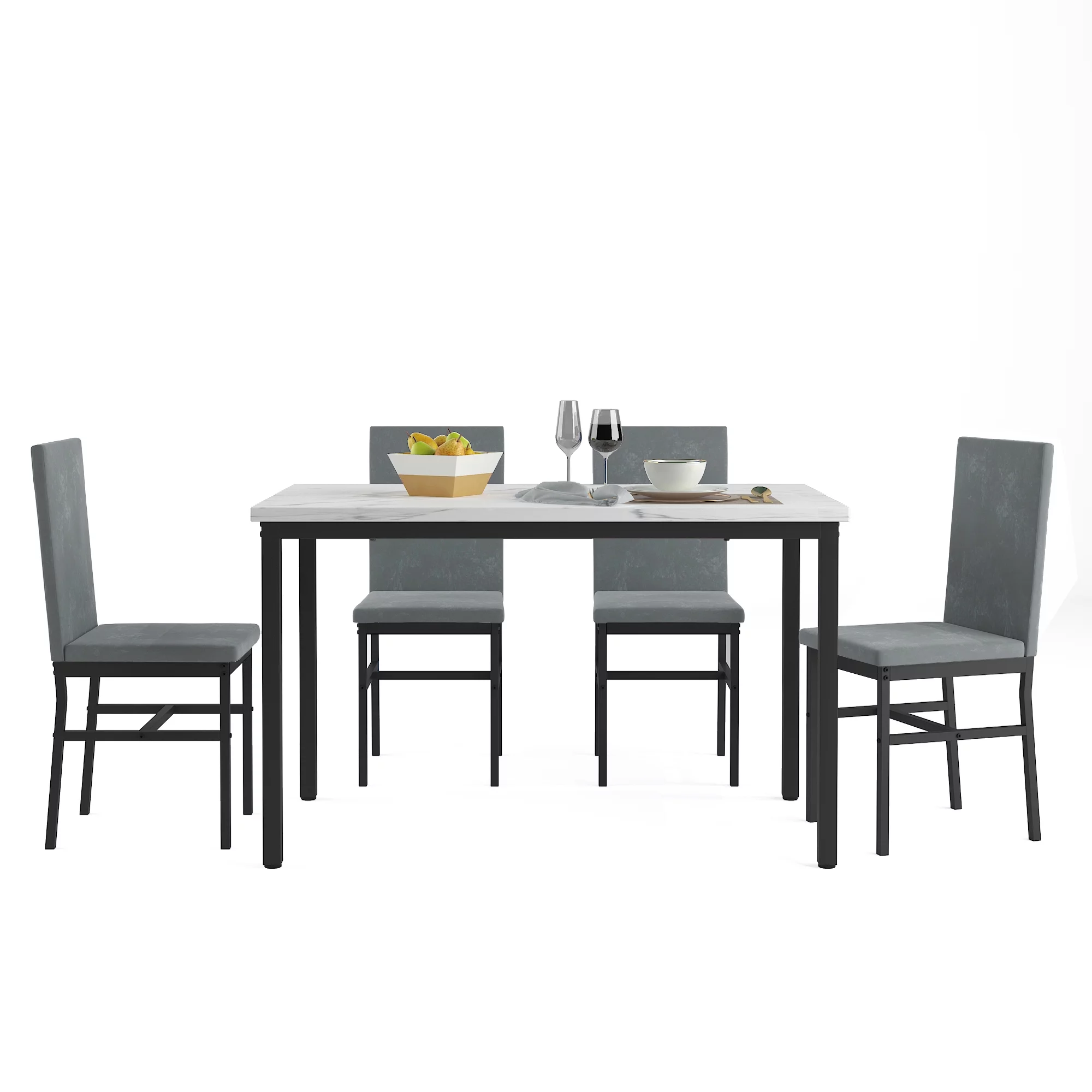 Modern Dining Set for 4, 5-Piece Dining Table and Chairs Set, 1 Table with White Marble Top, 4 Gray Velvet Chairs for Kitchen Dining Room Living Room