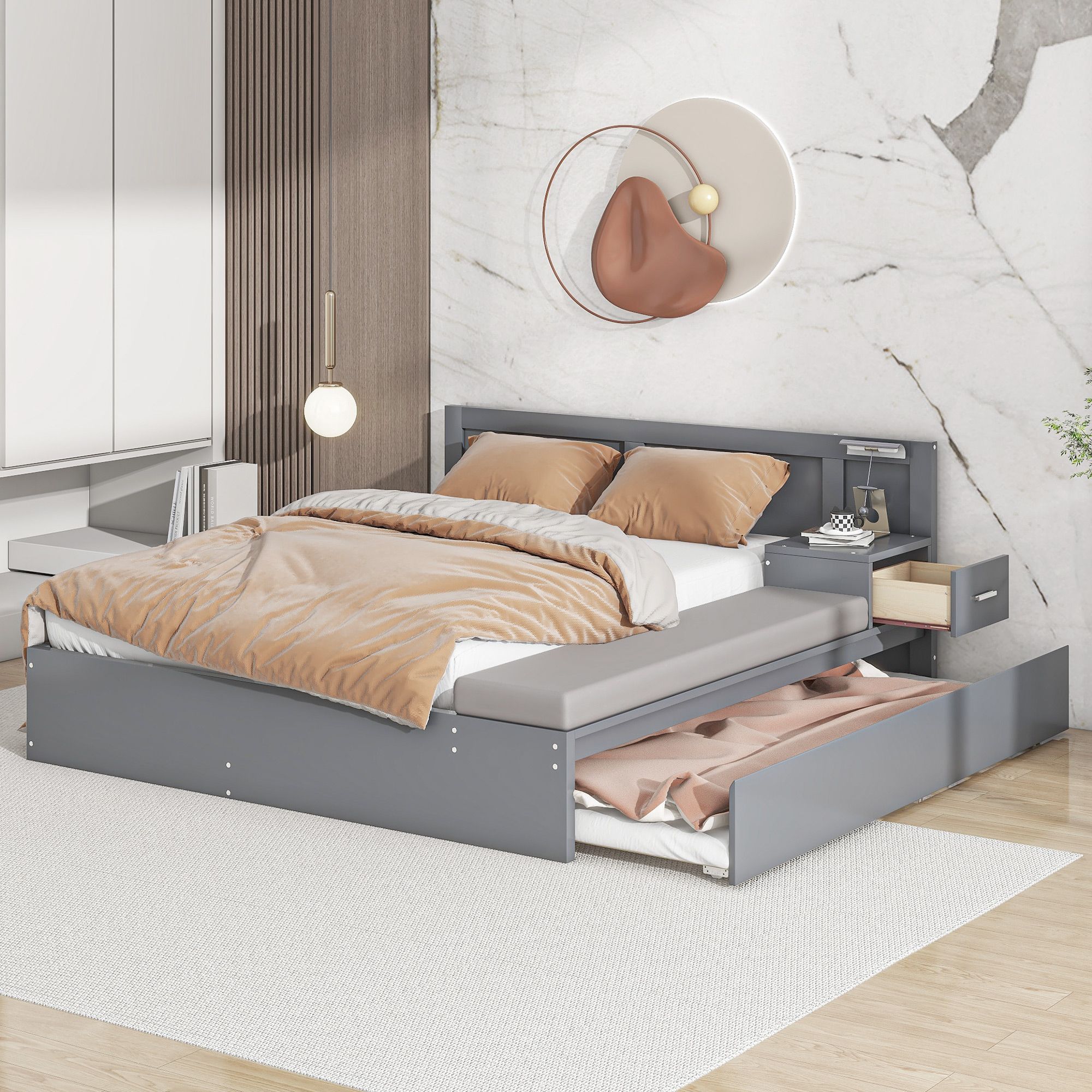 Full Size Solid Storage Hydraulic Wood Bed Frame with Twin Size Trundle, Side Table and Lounge, Platform Bed Frame, Mid Century Bedframe