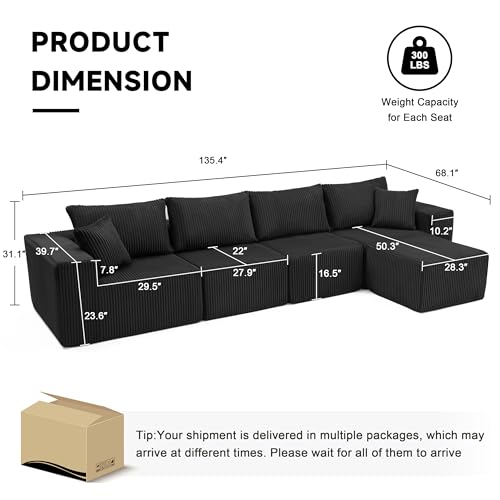 107.4" Cloud Couch Sectional, Modular Sofa with Deep Seat, Plush Corduroy L Shaped Boneless Couch, Convertible Sectional Couches for Living Room