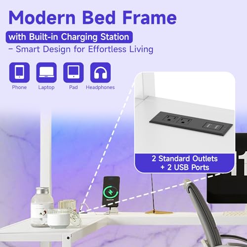 Full Size Metal Loft Bed Heavy-Duty Loft Bed Frame, LED Loft Bed Frame with L Shaped Desk, Wardrobe, Storage Stairs