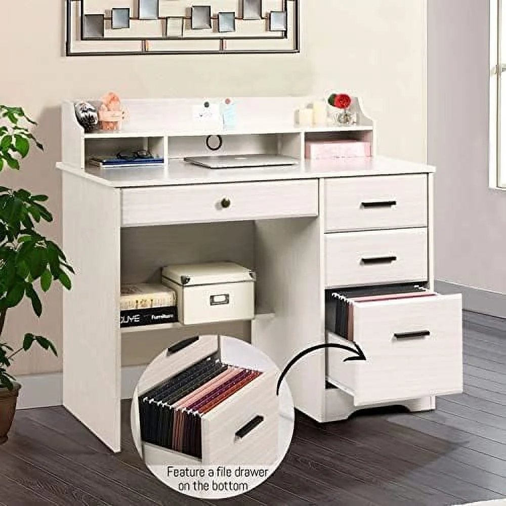 HJZUINIUNIU Computer Desk with 4 Drawers and Small Office Desk with File Drawers and Hutch Farmhouse Wood Writing Student Table for Home Office