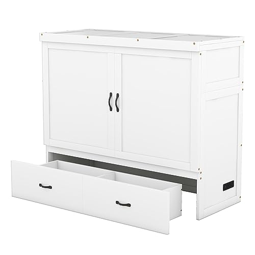 Queen Size Murphy Bed Wall Beds with Storage Shelves,Hide Away Bed Frame Easily Folds into Wood Cabinet,W/Mattress Holder,for Small Space,Guest Room