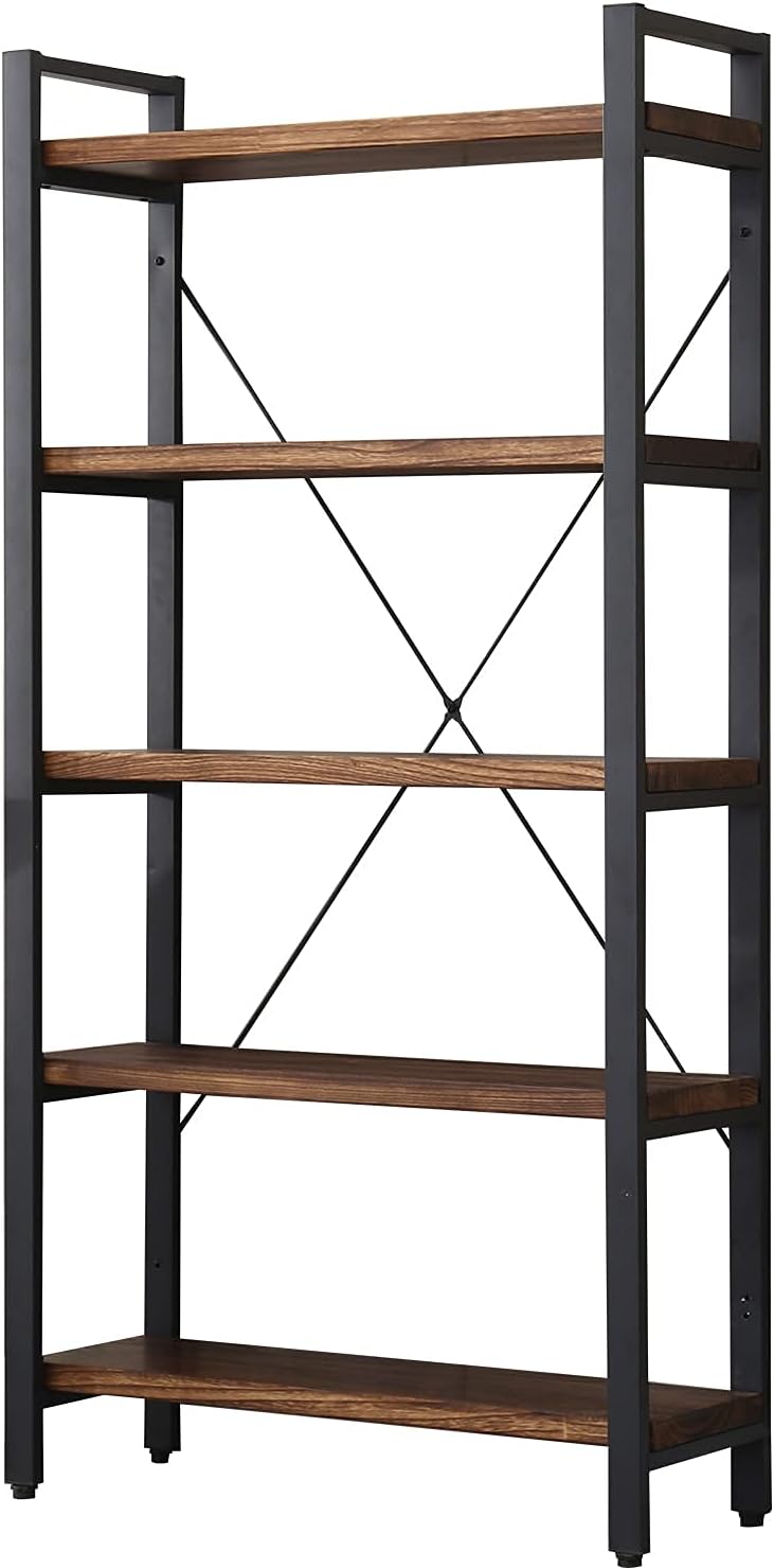 5 Tier Bookcase, Solid Wood Bookshelf Rustic Vintage Industrial Etagere Bookcase, Metal and Wood Free Vintage Bookshelf