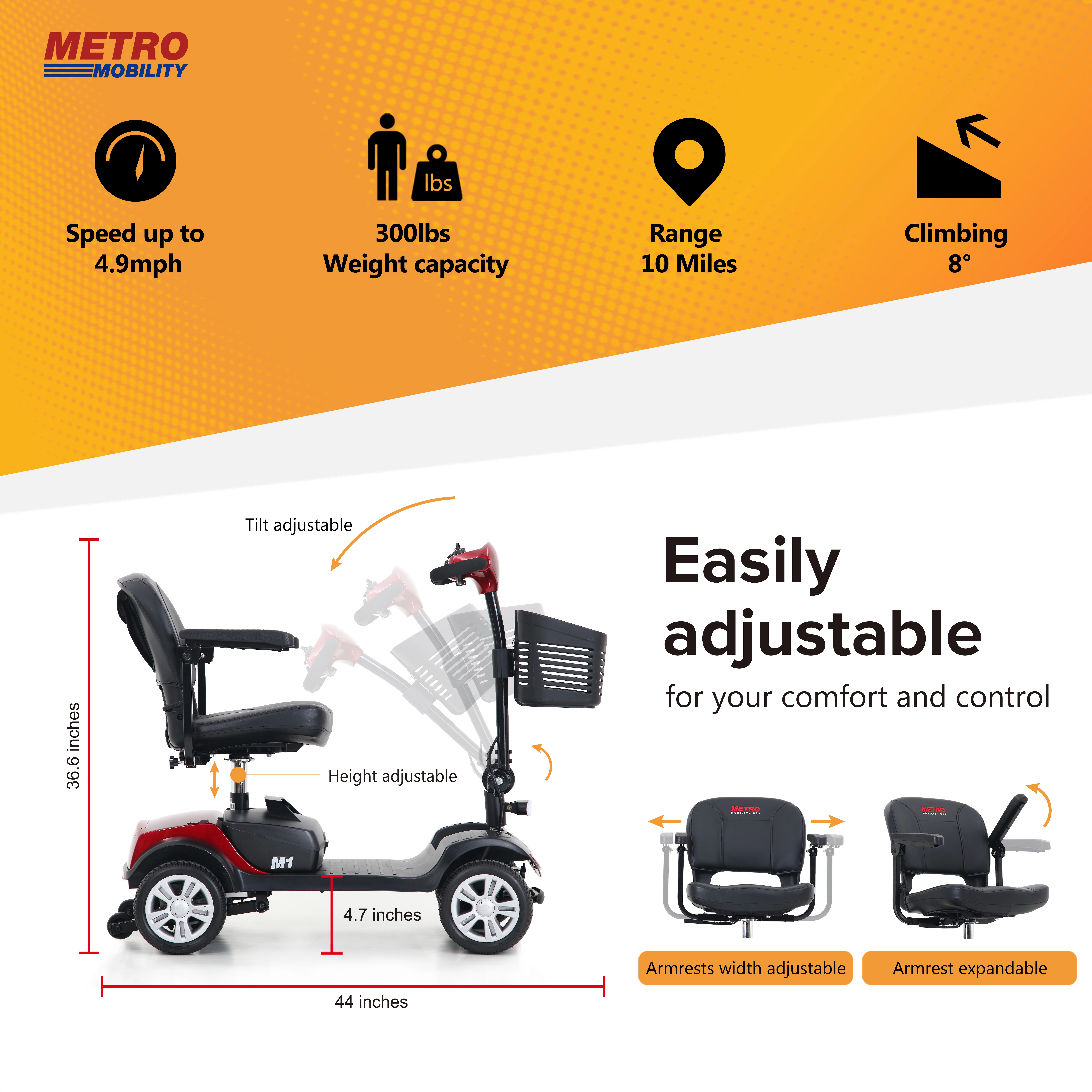 Outdoor Motorized Electric Carts for Senior, Heavy Duty Electric Scooters with 4 Wheel, Sliding Swivel Seat with Flip-Up Armrests for Adults