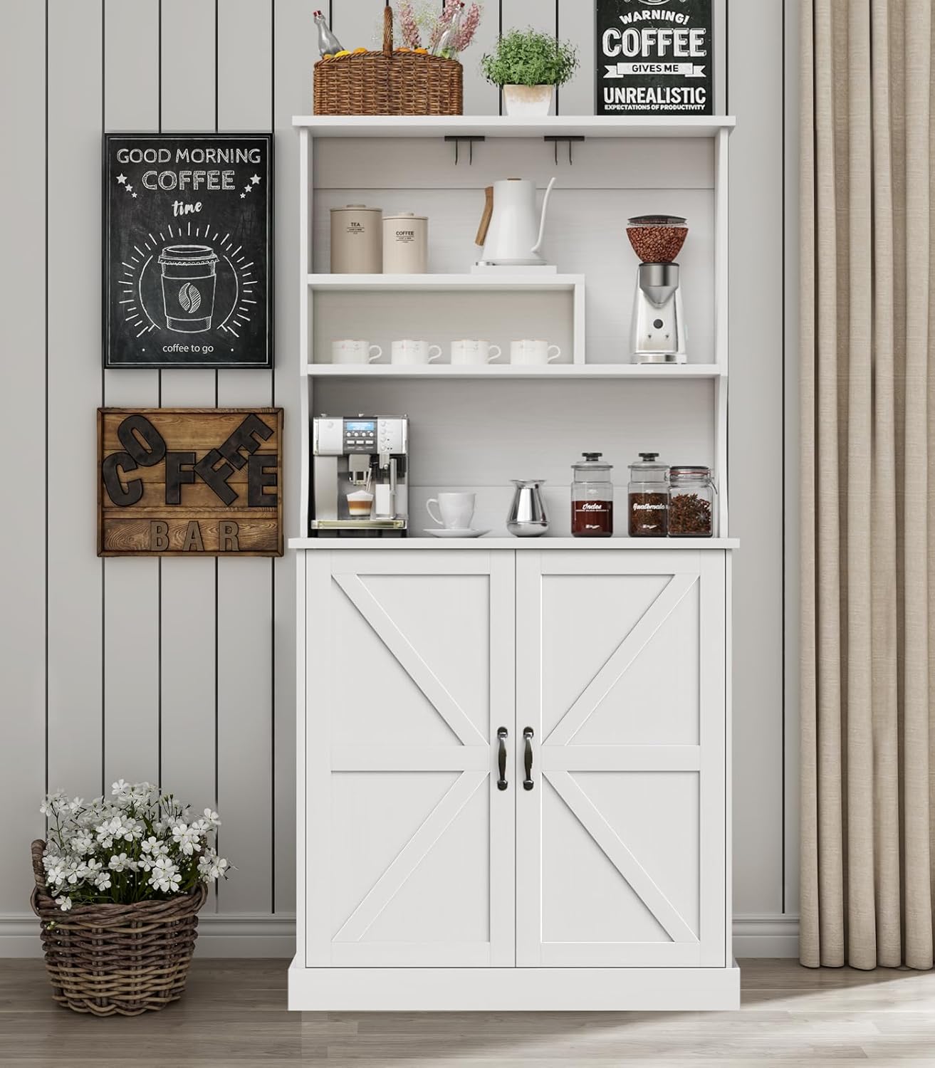 4 EVER WINNER Farmhouse Coffee Bar Cabinet with Hutch & Wine Rack, 73.5” Kitchen Buffet Storage Cabinet with Barn Doors, Adjustable Shelf