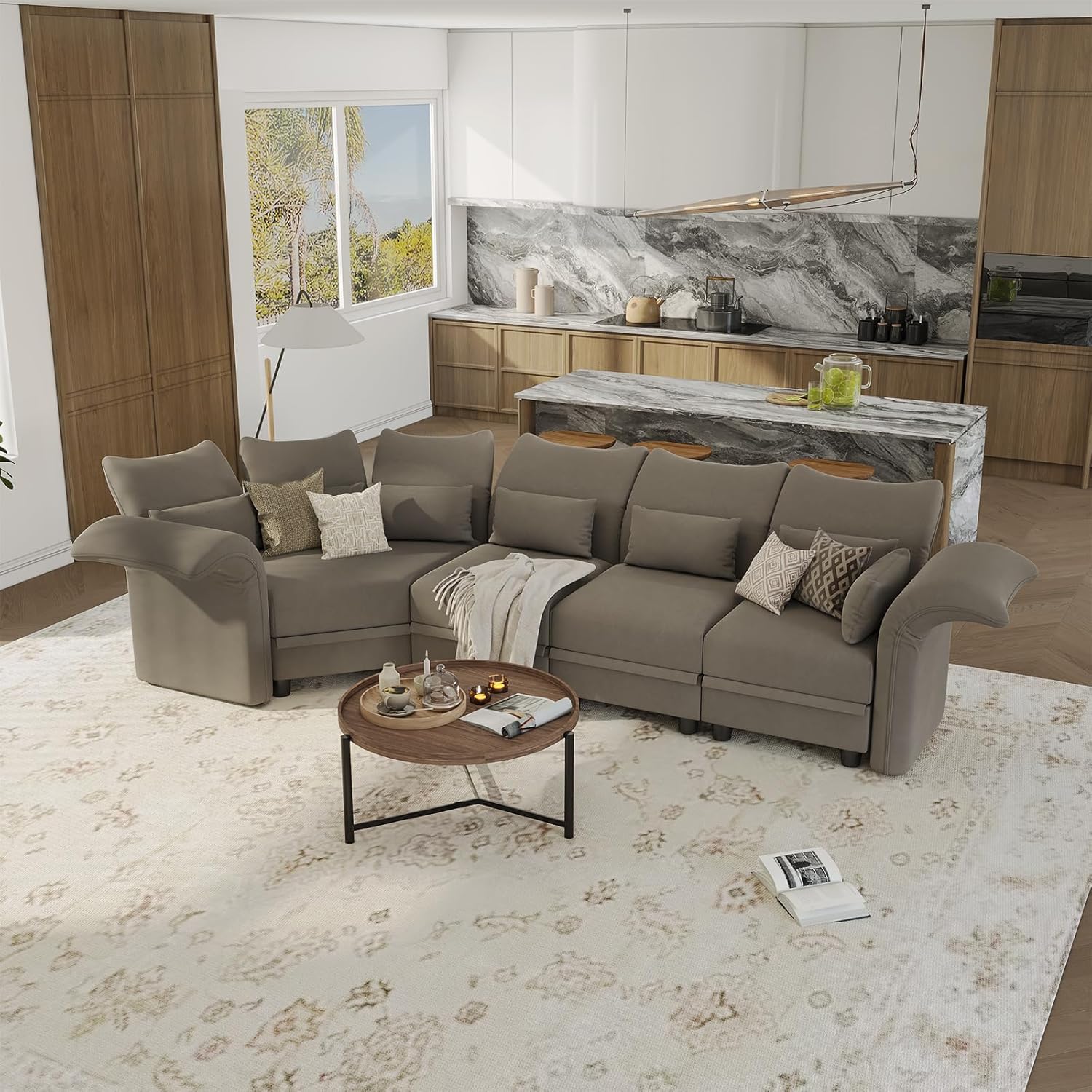 LLappuil Velvet Modular Sectional Sofa L Shaped Corner Couch with Storage Chaise, 142.2" 4-Seater Sofa with Big Ottoman