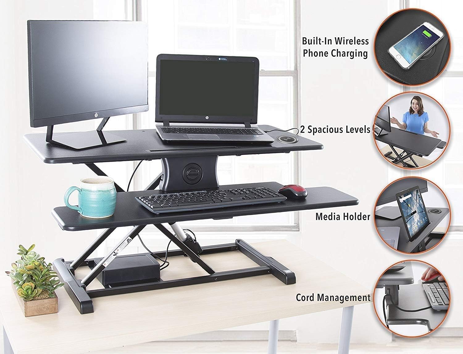 Stand Steady Flexpro Hero Power | Electric Standing Desk Converter/Desk Riser with Wireless Charging | Turns Any Desk into a Sit to Stand Up Desk |