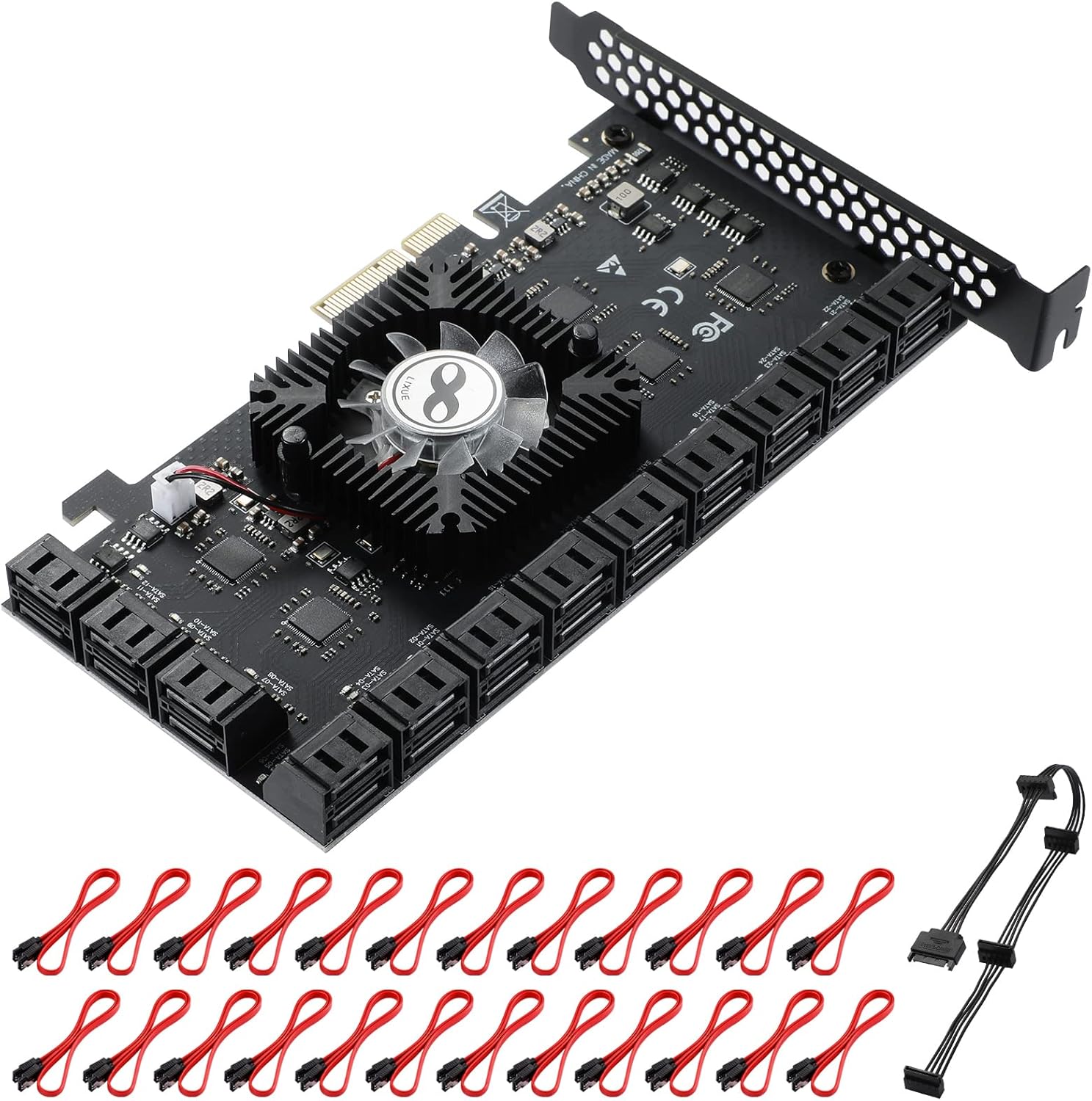 MZHOU PCI-E 1X Interface 3.0 10 Port SATA Card with 10 SATA Cables & SATA Power Splitter Cable and Low Profile Bracket - 6Gbps SATA 3.0 PCIe Card