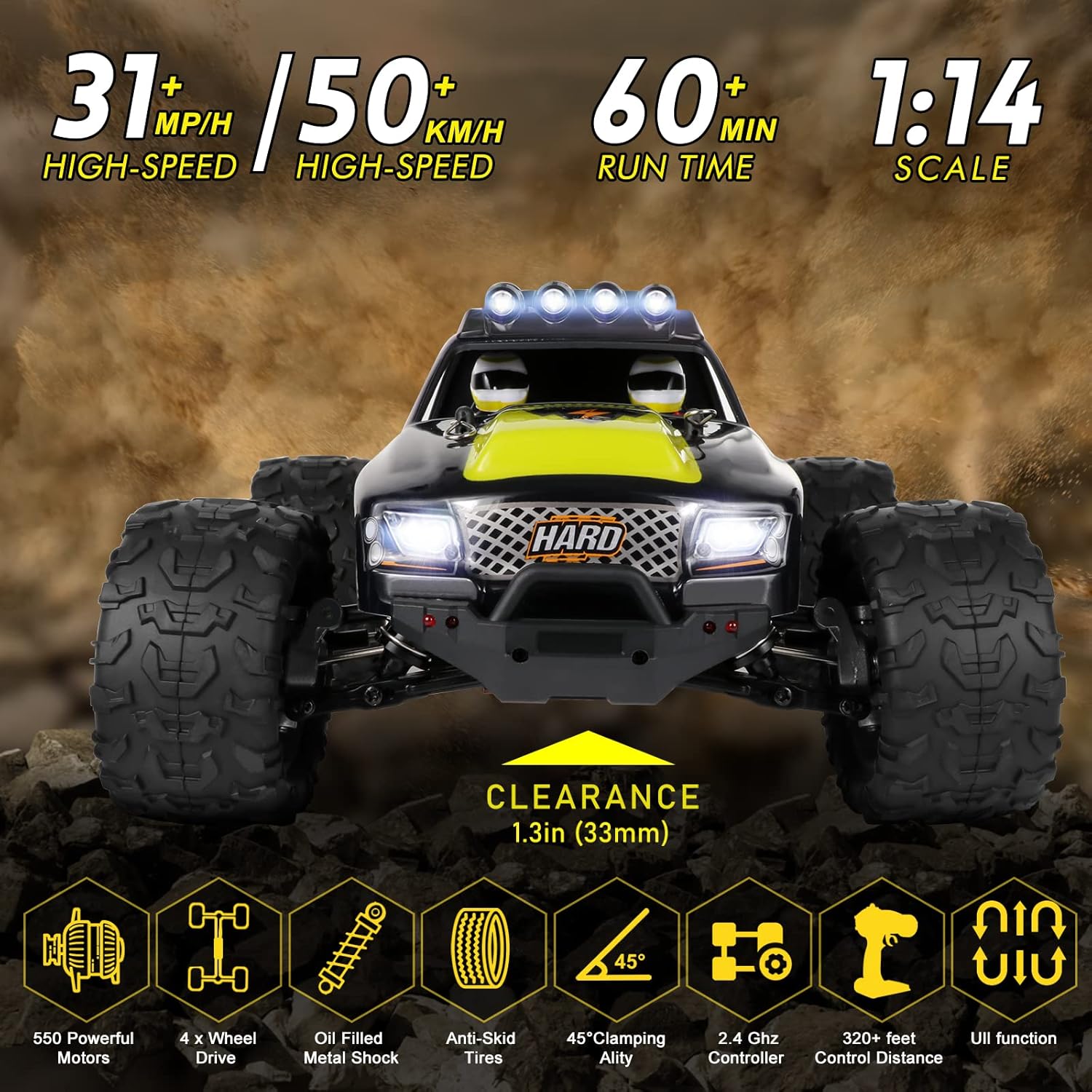 1:14 Scale Fast Remote Control Car for Adults-4WD RC Car Adjustable High Speed 50+km/h-All Terrain RC Monster Truck with 550 Motor & 3 x High