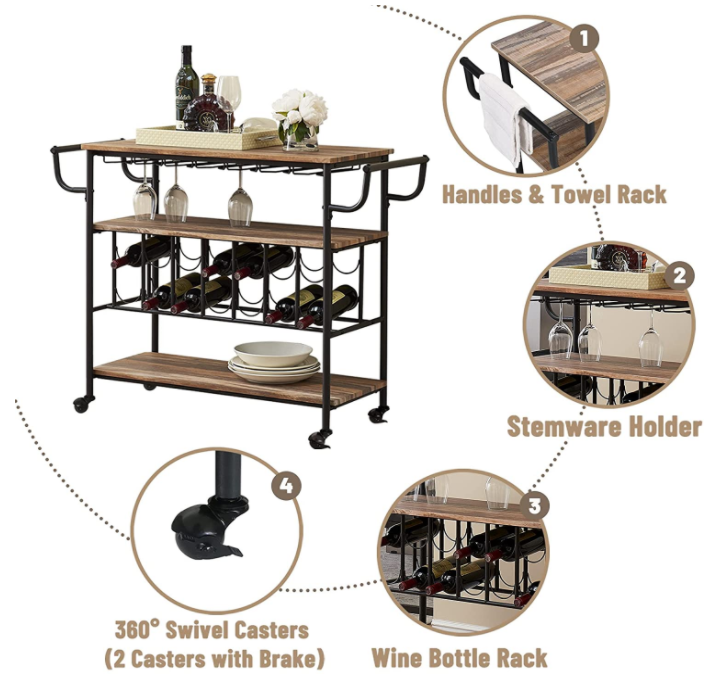 HOMYSHOPY Industrial bar cart with wine rack and glass rack, mobile wine cart with wheels suitable for households