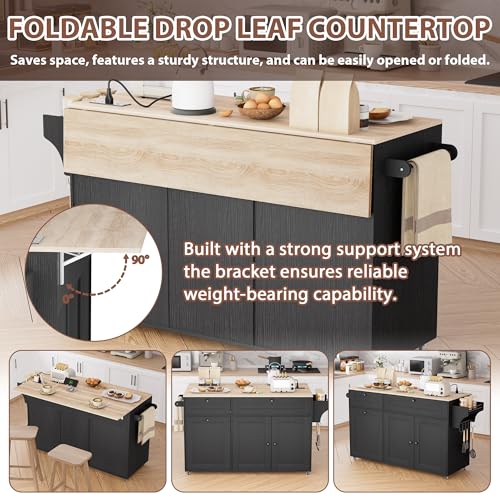 Rolling Kitchen Island on Wheels, Kitchen Islands Cart with Trash Can Storage Cabinet, Portable Island Table with Power Outlet, Drop Leaf, Spice Rack