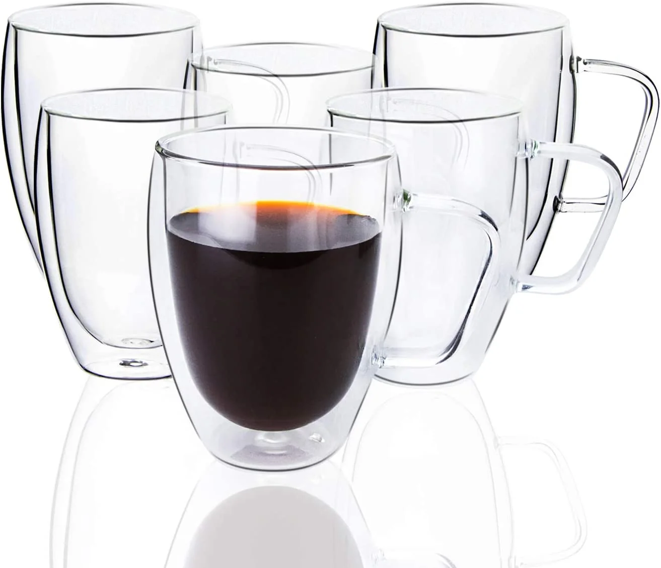 Clear Borosilicate Glass Double Wall Coffee Mug With Handle, Set Of 6 (12 Oz, 350 Ml) - Insulated Coffee Cup For Cappuccino, Espresso, Tea