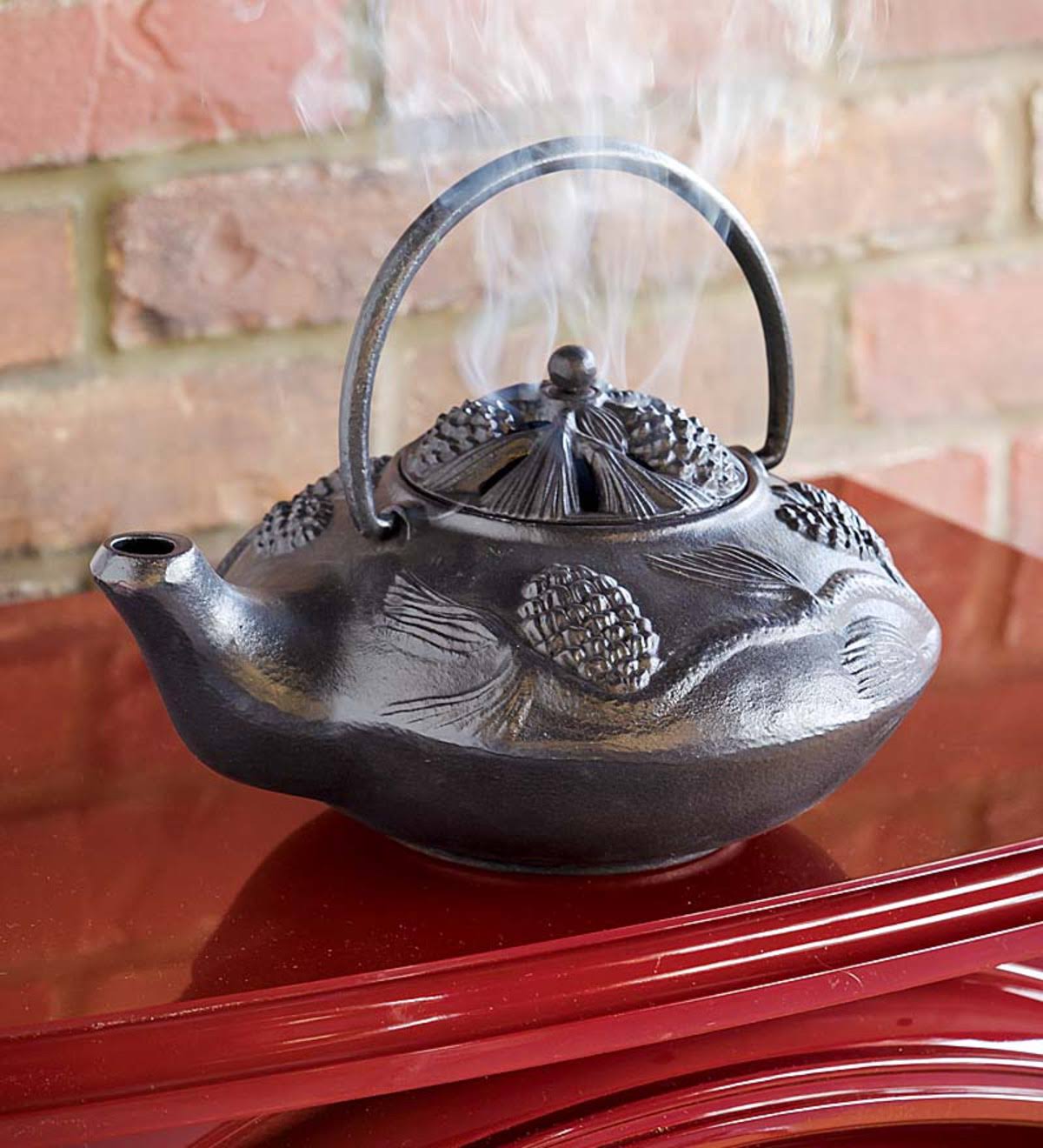 Cast Iron Wood Stove Kettle Steamer with Pine Cone Design, in Black