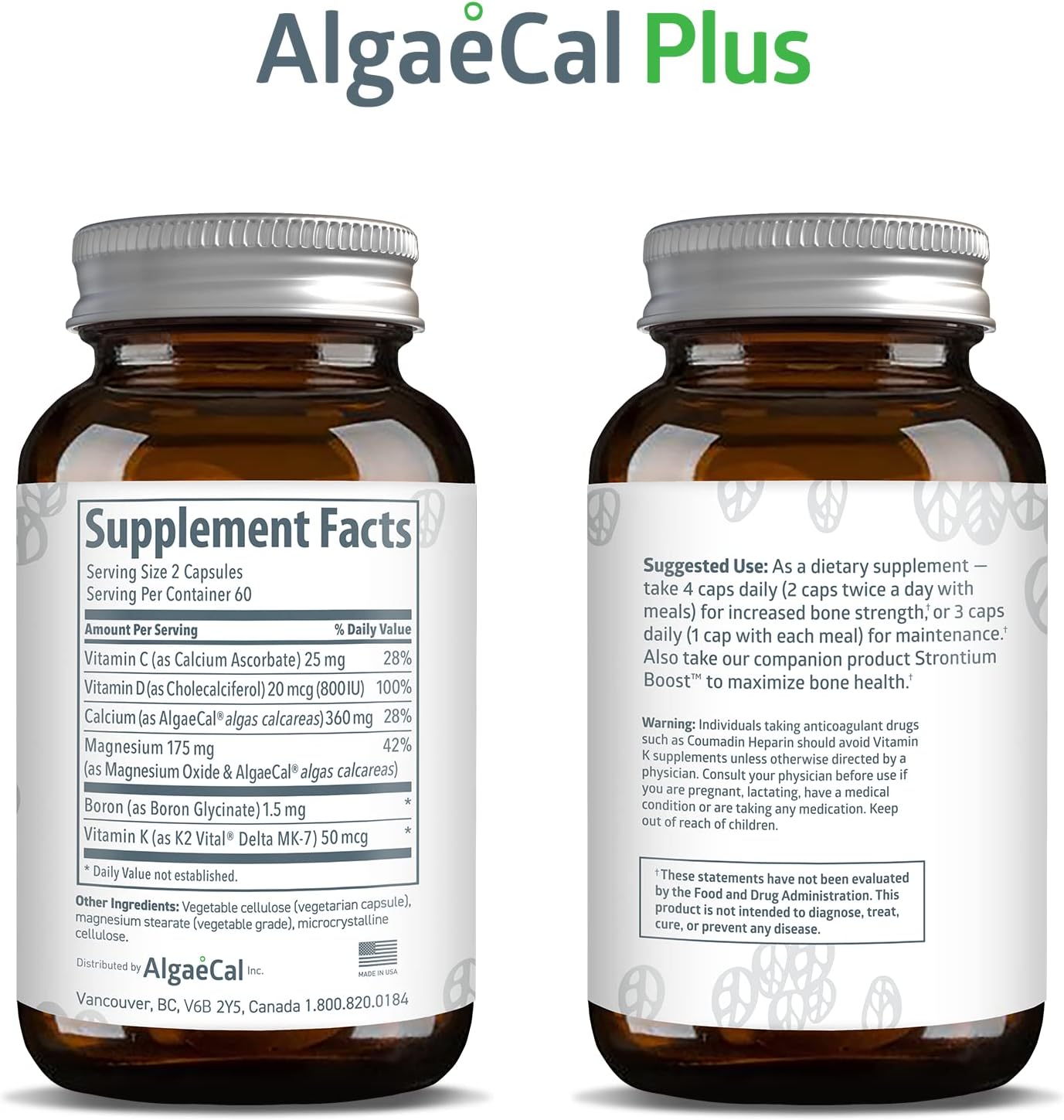 AlgaeCal Plus, Natural Calcium Supplement, Derived from Ocean Algae, Includes Magnesium & Boron, with Vitamins C, D, K2