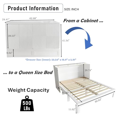 Queen Size Murphy Bed with Desk & Charging Station,Wall Bed Frame Folding into Cabinet Design w/LED & Storage Shelf for Small Space,Bedroom