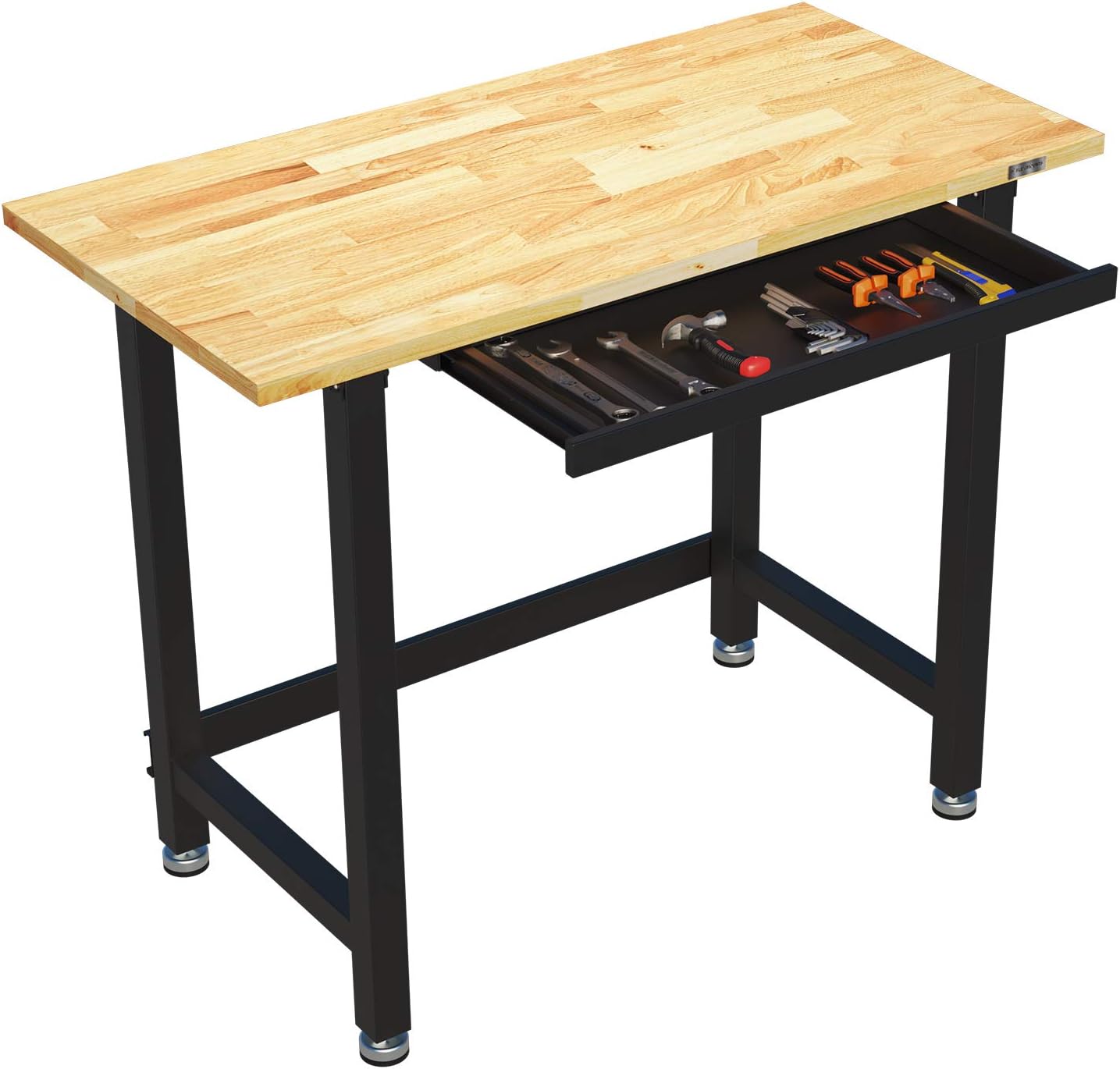 FLEXIMOUNTS Work Bench w/Drawer, 3000-lb Capacity，48“x 24“ Garage Workbench Workstation, Rubber Wood Work Table Top Heavy-Duty Steel Frame
