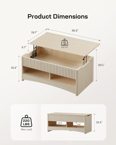 Marsail Lift Top Coffee Table with Open & Hidden Storage, Modern Fluted Coffee Table with Smooth Lift Mechanism