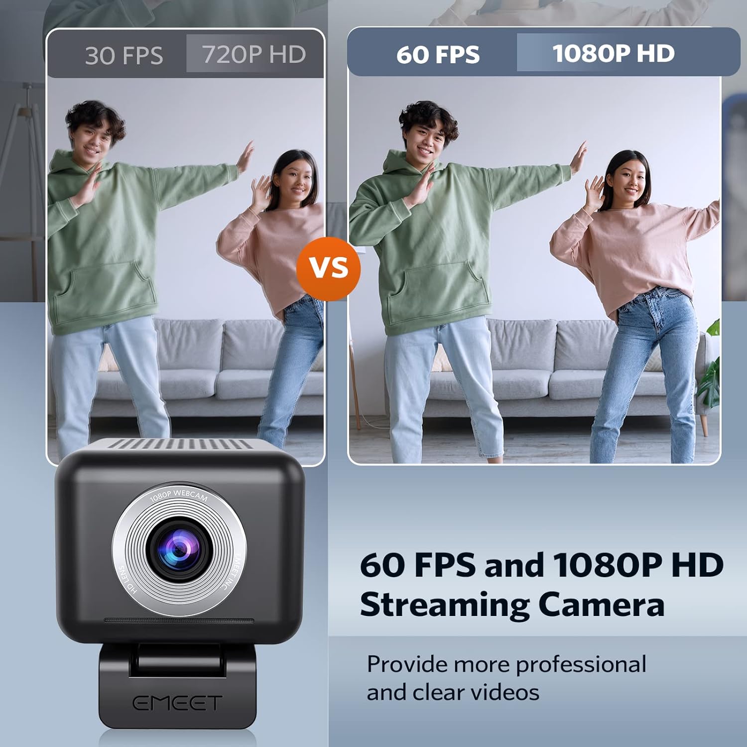 1080P 60FPS Webcam, All-in-one Streaming Camera with 4 Mics and 3W Speaker eMeet C990, 4 Built-in Array Algorithm
