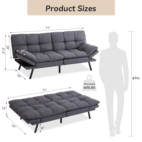71" Convertible Futon Sofa,Faux Leather Futon Couch Bed,Sleeper Sofa Bed,Memory Foam Modern Folding Small Loveseat for Living Room,Office,Apartment