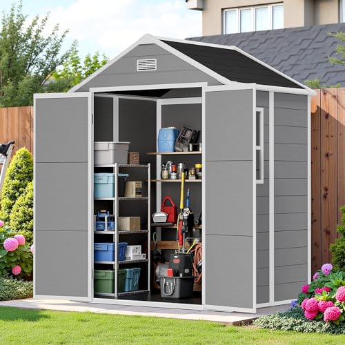 NicBex 6×5 Resin Outdoor Storage Shed with Floor & Window– All-Weather Lockable Small Tool Shed