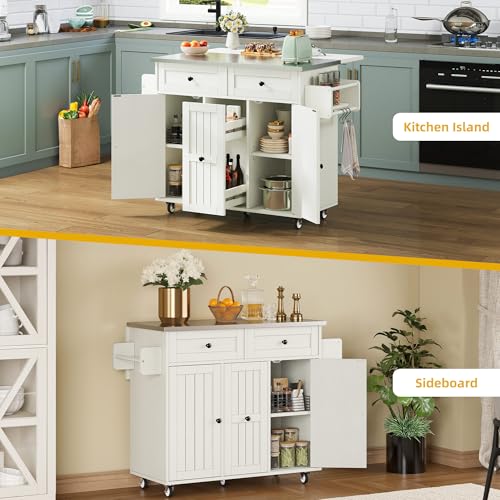 DWVO Kitchen Island on Wheels, Mobile Kitchen Island Cart with Folding Drop Leaf Breakfast Bar, Island Table for Kitchen with Large Storage Cabinets