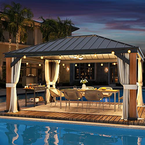 EROMMY 12'x20' Hardtop Gazebo Double Roof Galvanized Steel Canopy Outdoor Aluminum Frame Permanent Metal Pavilion with Netting and Curtains for Patio