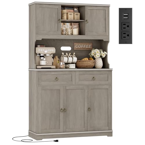 HOSTACK Large Kitchen Pantry Cabinet with Charging Station, 71" Kitchen Hutch Cabinet with Storage Drawers and Countertop