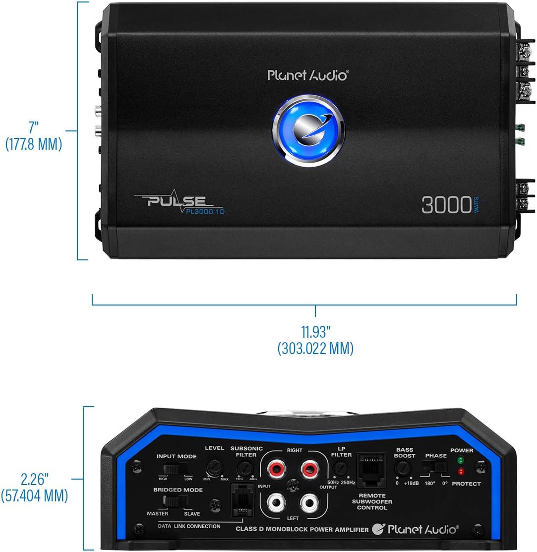 Planet Audio PL3000.1D Class D Car Amplifier - 3000 Watts, 1 Ohm Stable, Digital, Monoblock, Mosfet Power Supply, Great for Subwoofers
