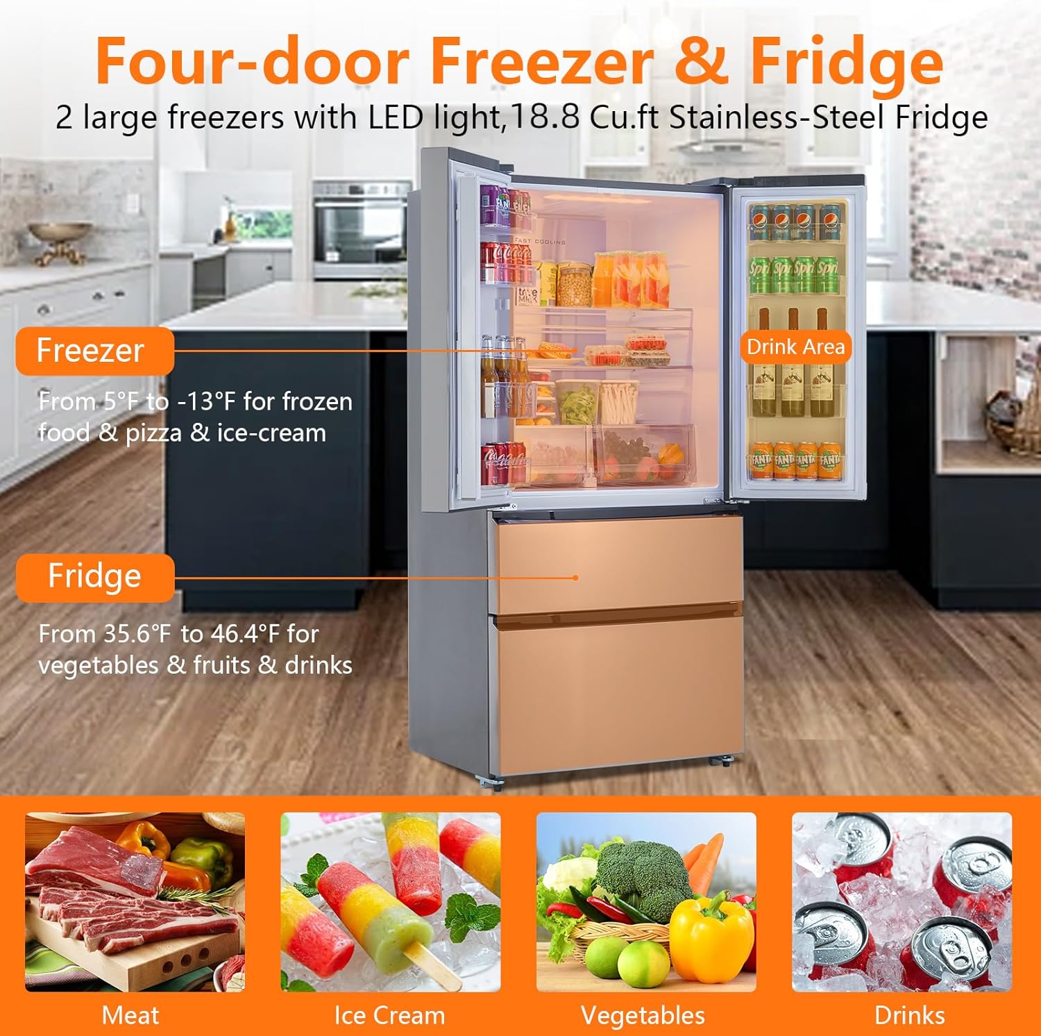 French Door Refrigerator, 18.8 Cu.Ft. Counter Depth Stainless Steel Refrigerators, 4 Door Fridges Full Size Bottom Freezer Kitchen Fridge