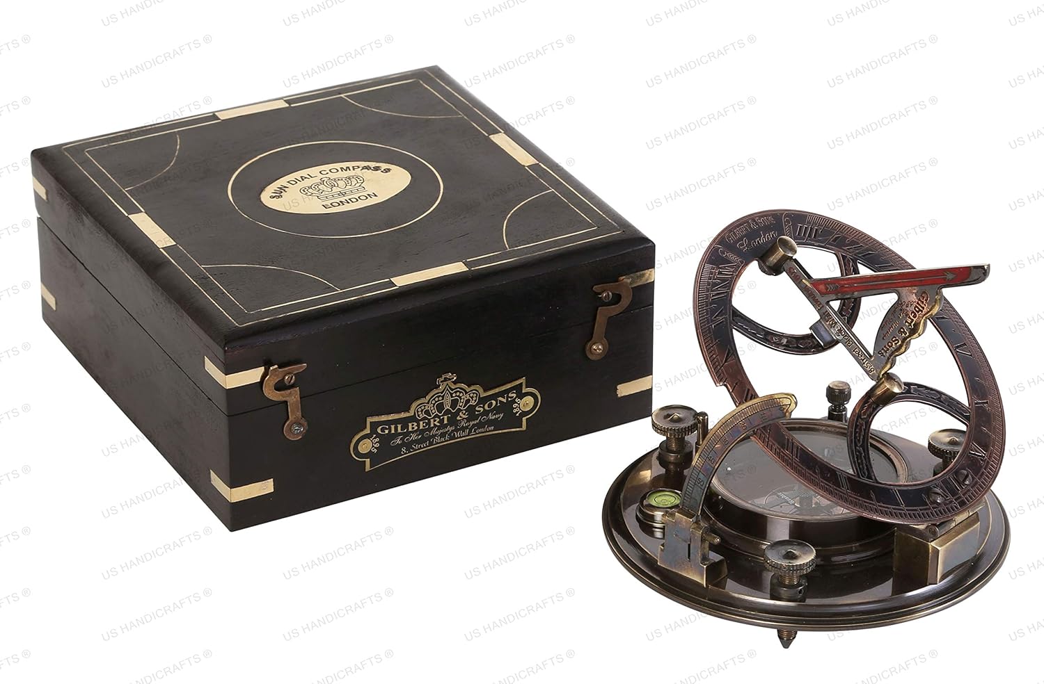 US HANDICRAFTS Ideas Crafted Sundial Compass for Men Xmas 5 Inch Perfectly Calibrated Large Sundial Compass Black Wooden Case Top Grade Engraved