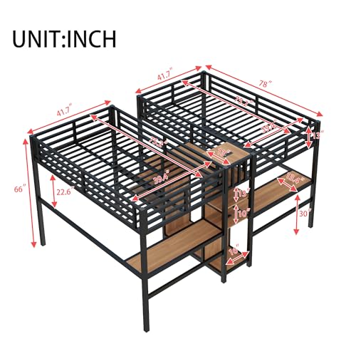 Bellamave Metal Loft Bed with Wardrobe and L-Shaped Desk, Full Size Loft Bed with Storage Cubes and Shelves, Heavy Duty LoftBed for Kids Teens Adults