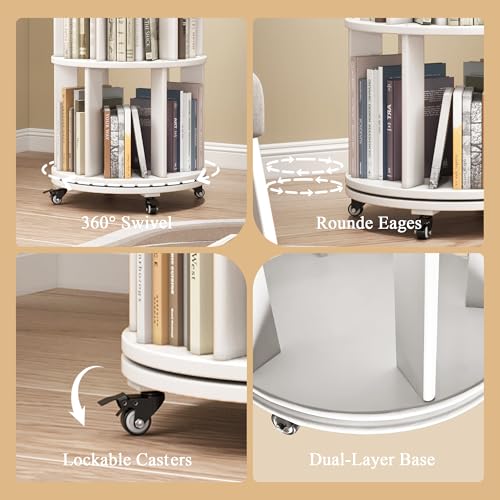 6 Tier Rotating Bookshelf Tower Spinning Bookshelf with Swivel Wheels Book Shelf Rotating Storage Tower for Kids Adult Narrow Walnut Solid Wood
