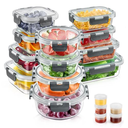 34pcs Glass Food Storage Containers with Lids Set, Airtight Glass Meal Prep Containers (17 Containers & 17 Lids),Leak Proof Lunch Containers BPA-Free
