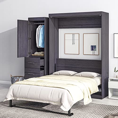 Full Size Murphy Bed with 2 Convertible Side Cabinet Storage Shelf, Foldable Wallbed Bedframe