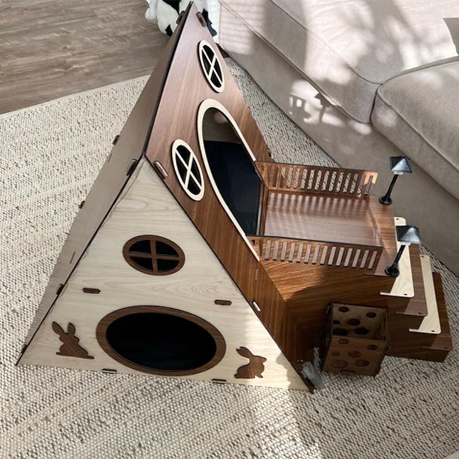 Large Modern Wooden Rabbit Castle House Hutch - Bunny Hideout Indoor Habitats - Pet 2-Story Home Furniture（Excluding street lights）