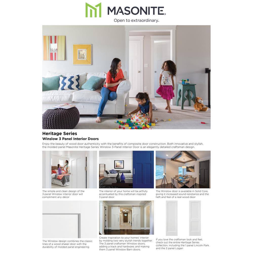 Masonite 30 in. x 80 in. Winslow 3-Panel Right-Handed Solid-Core Primed Composite Single Prehung Interior Door